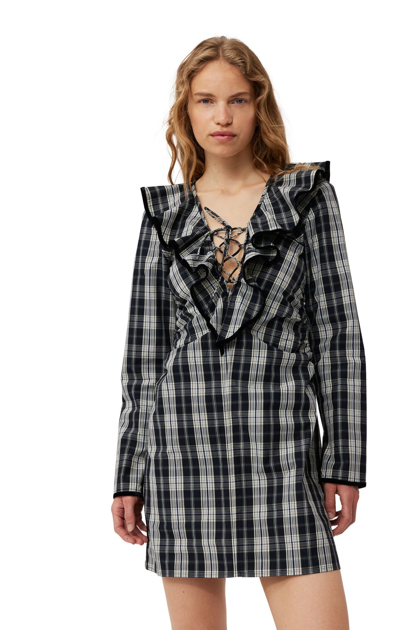 Ganni (NEW) Check Ruffle Mini Dress, 10-12