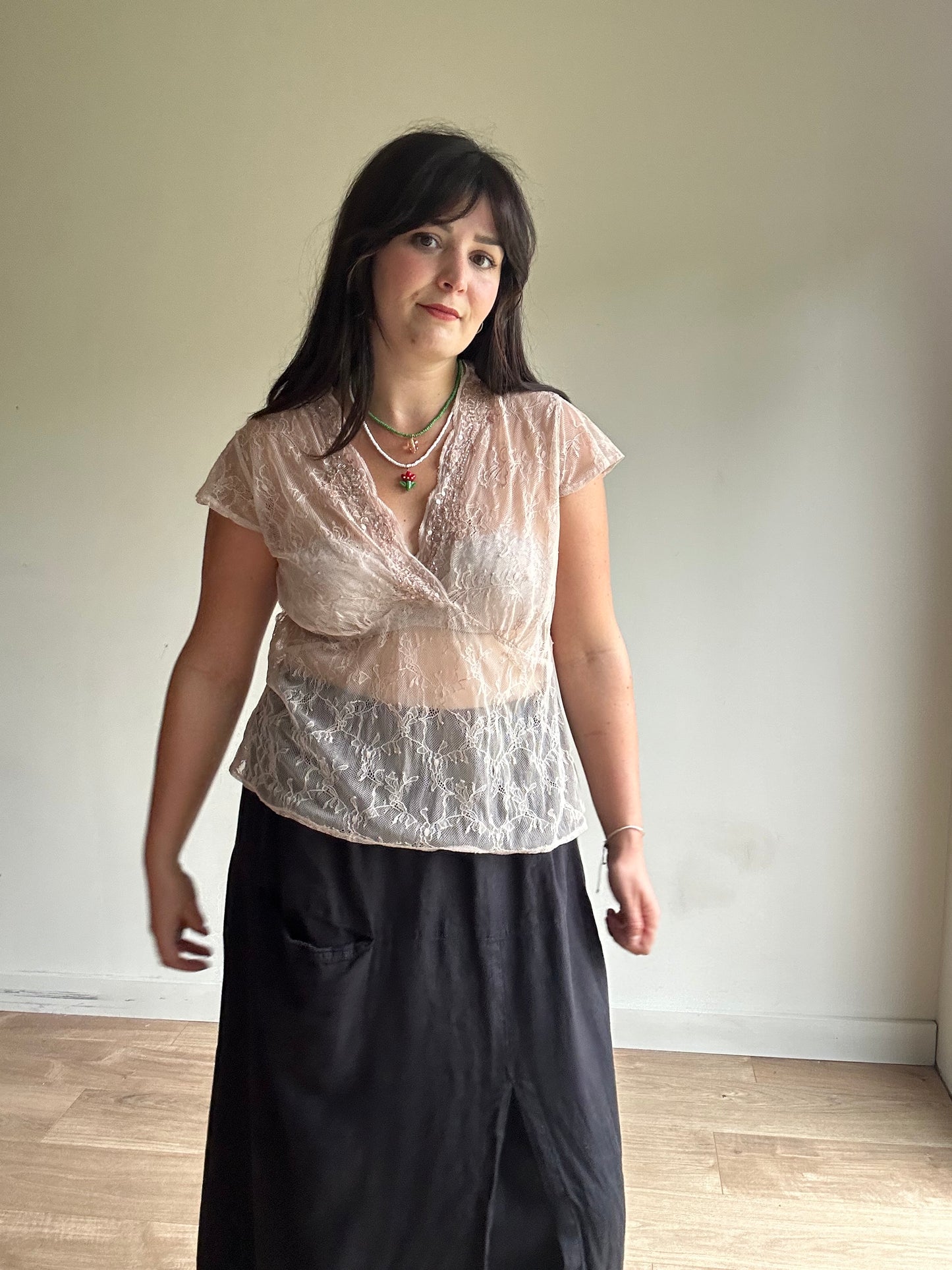 Blush Vintage Lace Beaded Top, XL
