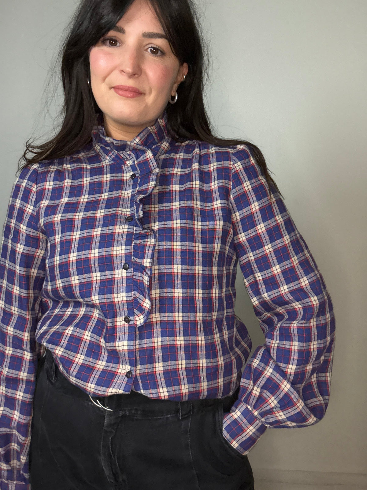 Sezane Check Frill Shirt Blouse, 40