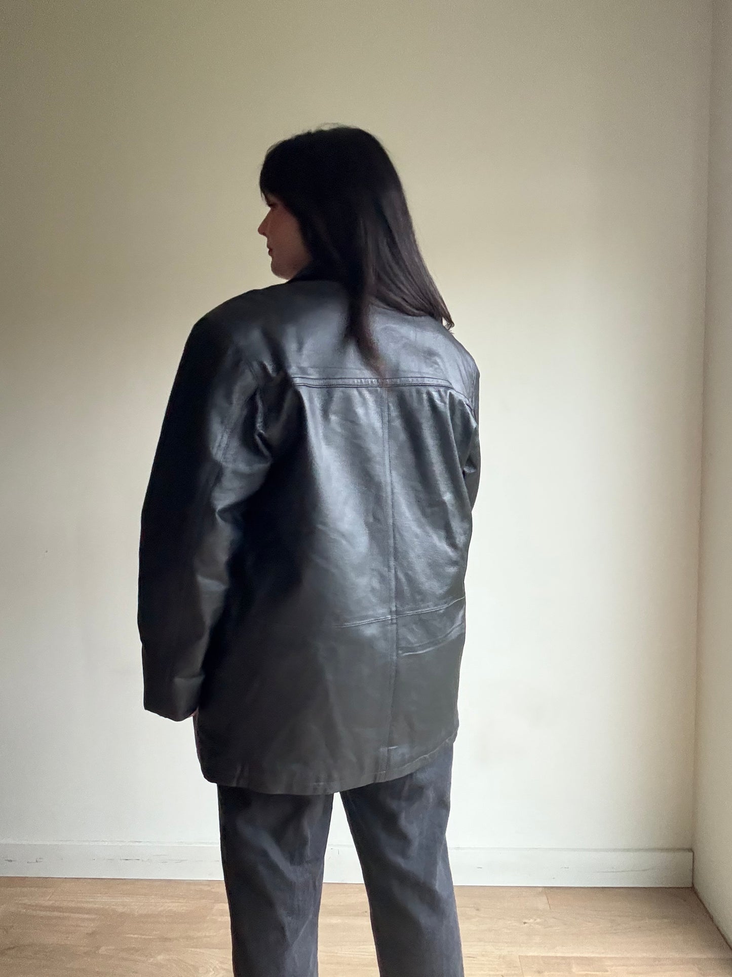 Vintage Leather Longline Padded Jacket, S-M