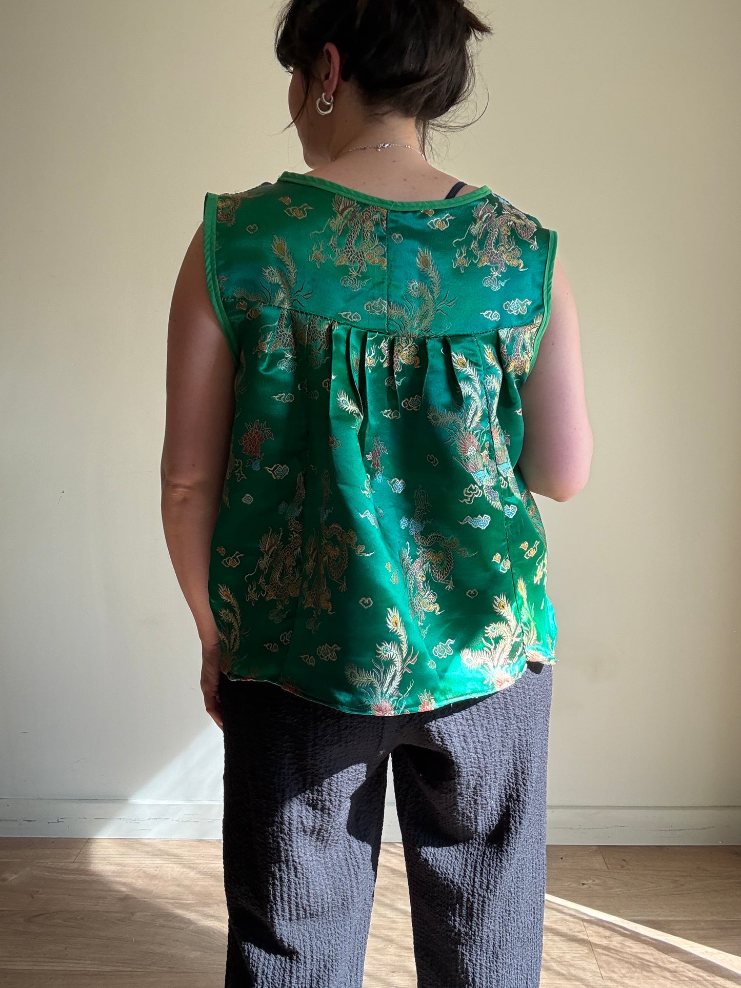 Handmade Chinese Print Satin Top, L/XL