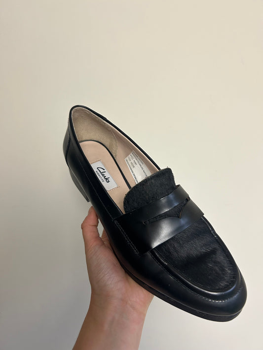 Black Clarks Leather & Fur Loafers, 6.5