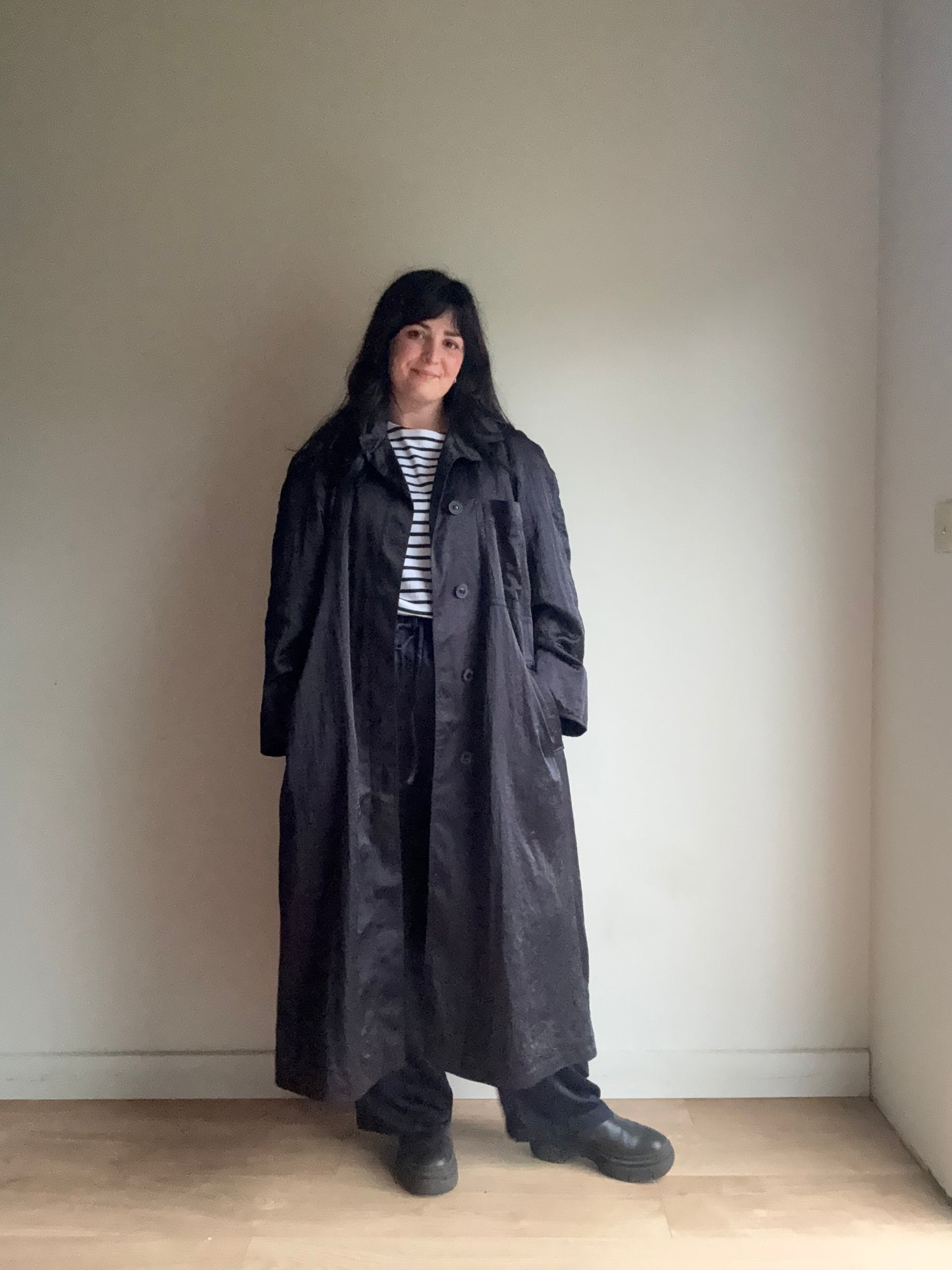 Satin Black Trench Mac, XL