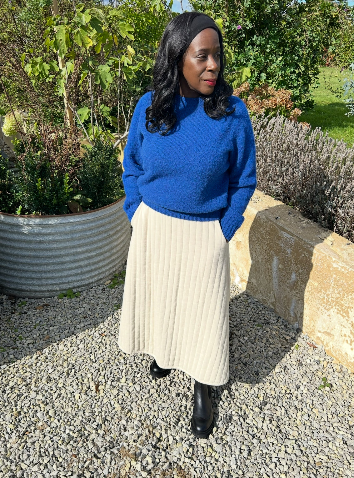 Black Crane Quilted Stripe Circle Skirt, S-M