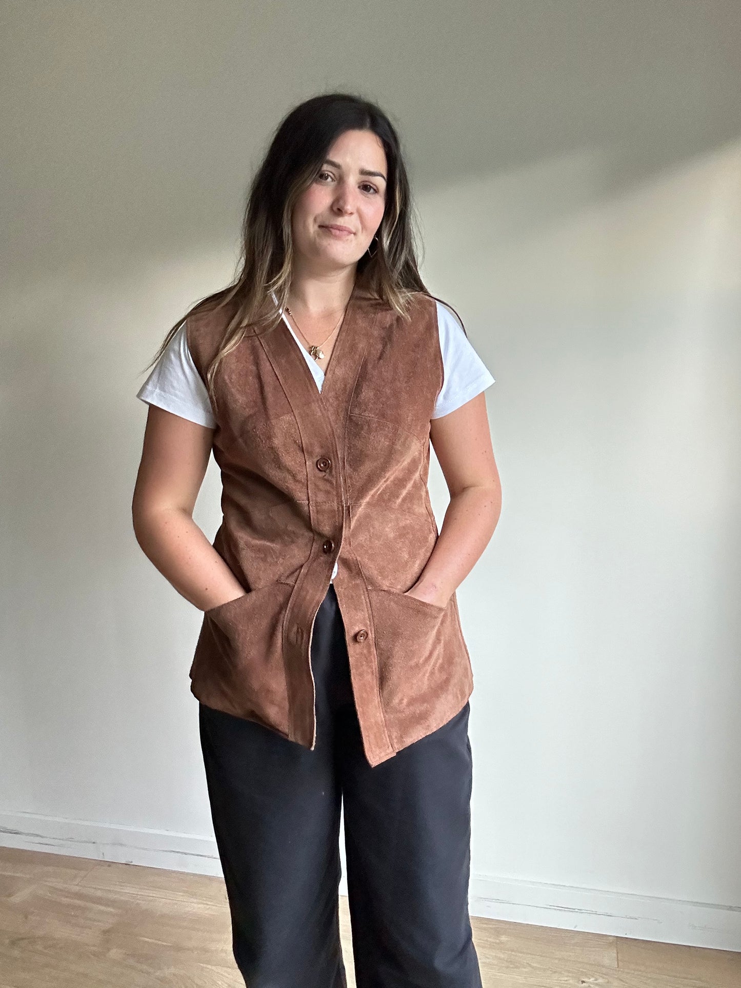 Brown Vintage Genuine Suede Waistcoat, M-L