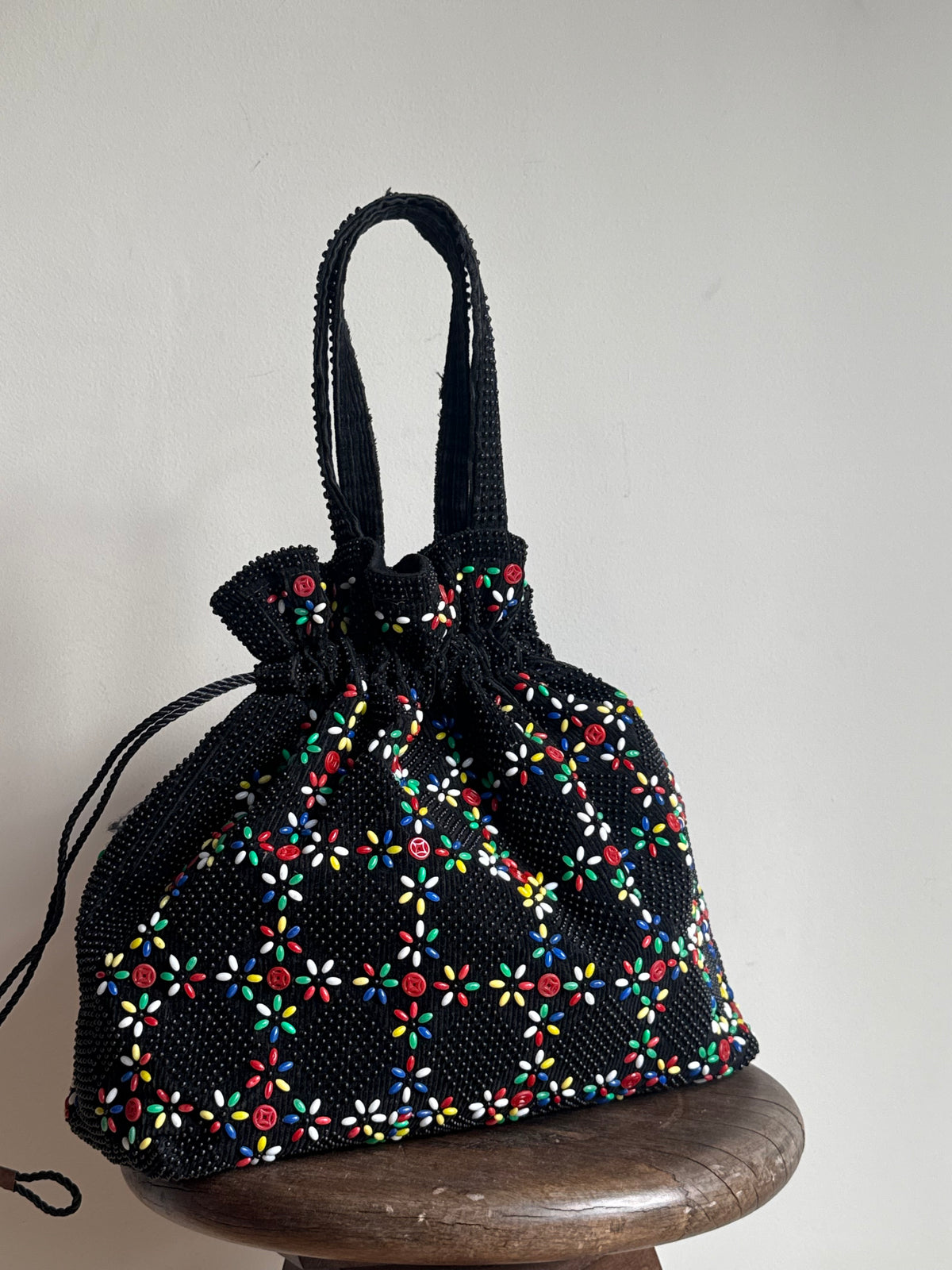 Vintage Beaded Drawstring Tote Bag, O/S
