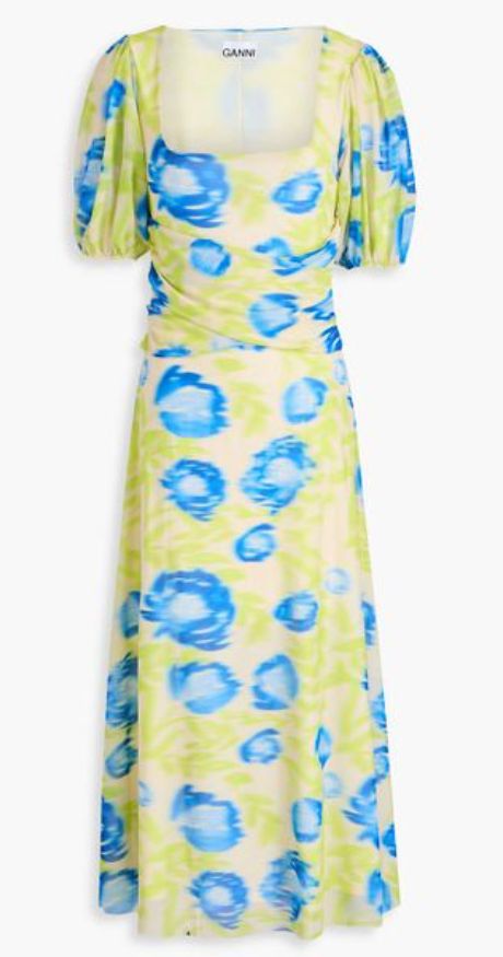 Ganni Ruched Printed Stretch-Mesh Dress, 36