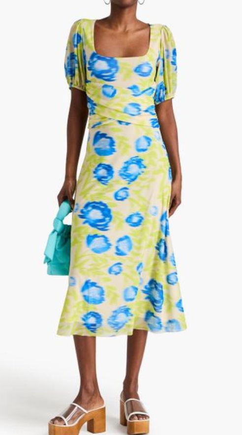 Ganni Ruched Printed Stretch-Mesh Dress, 36