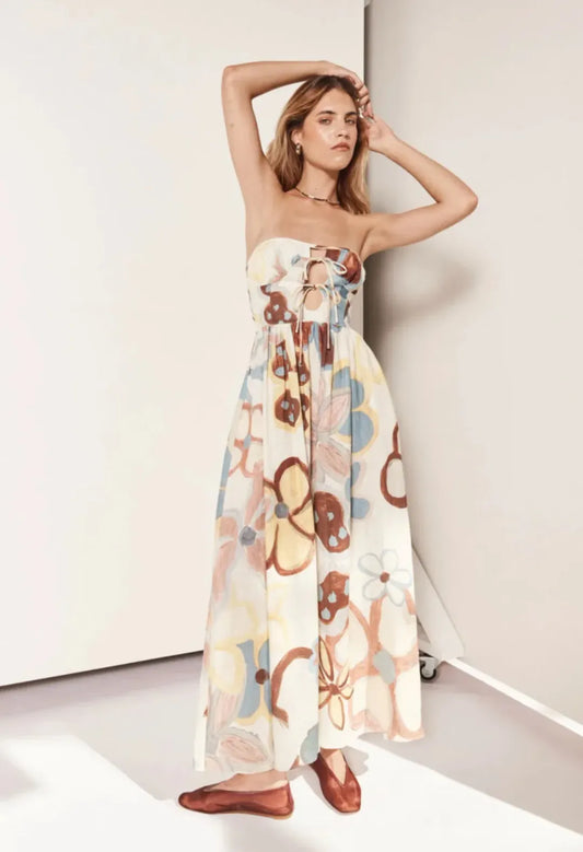 Floral VRG GRL Strapless Lace Up Linen Dress, 8