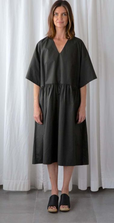 Black Crane V-Neck Wide Cotton Dress, S (oversized)